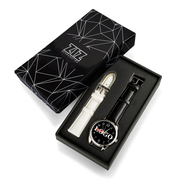 Часы с логотипом (серебро) + дополнительный ремешок + подарочная коробка