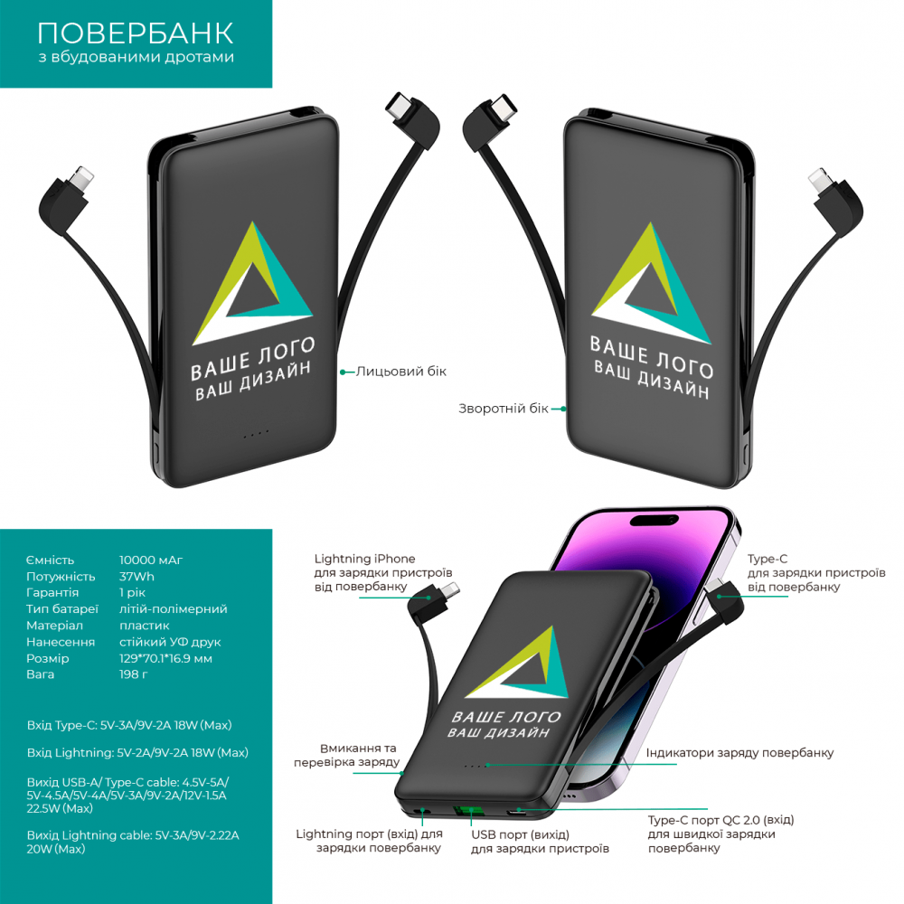 Повербанки з логотипом 10000 мАч Чорний