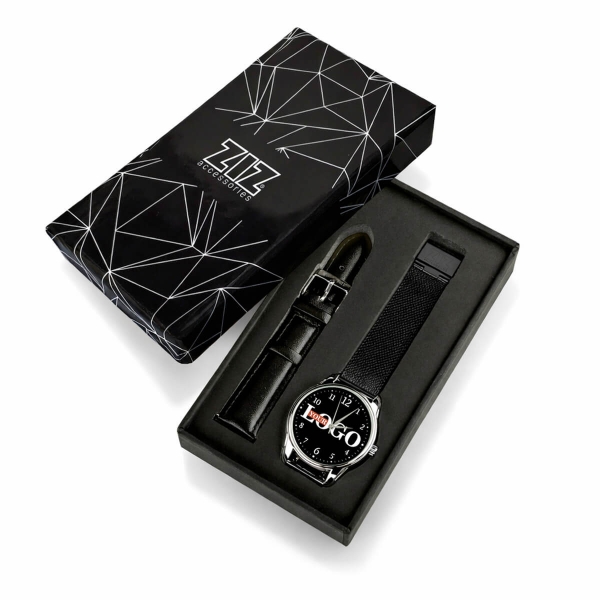 Годинник з логотипом на чорному металевому браслеті (срібло) + додатковий ремінець + подарункова коробка