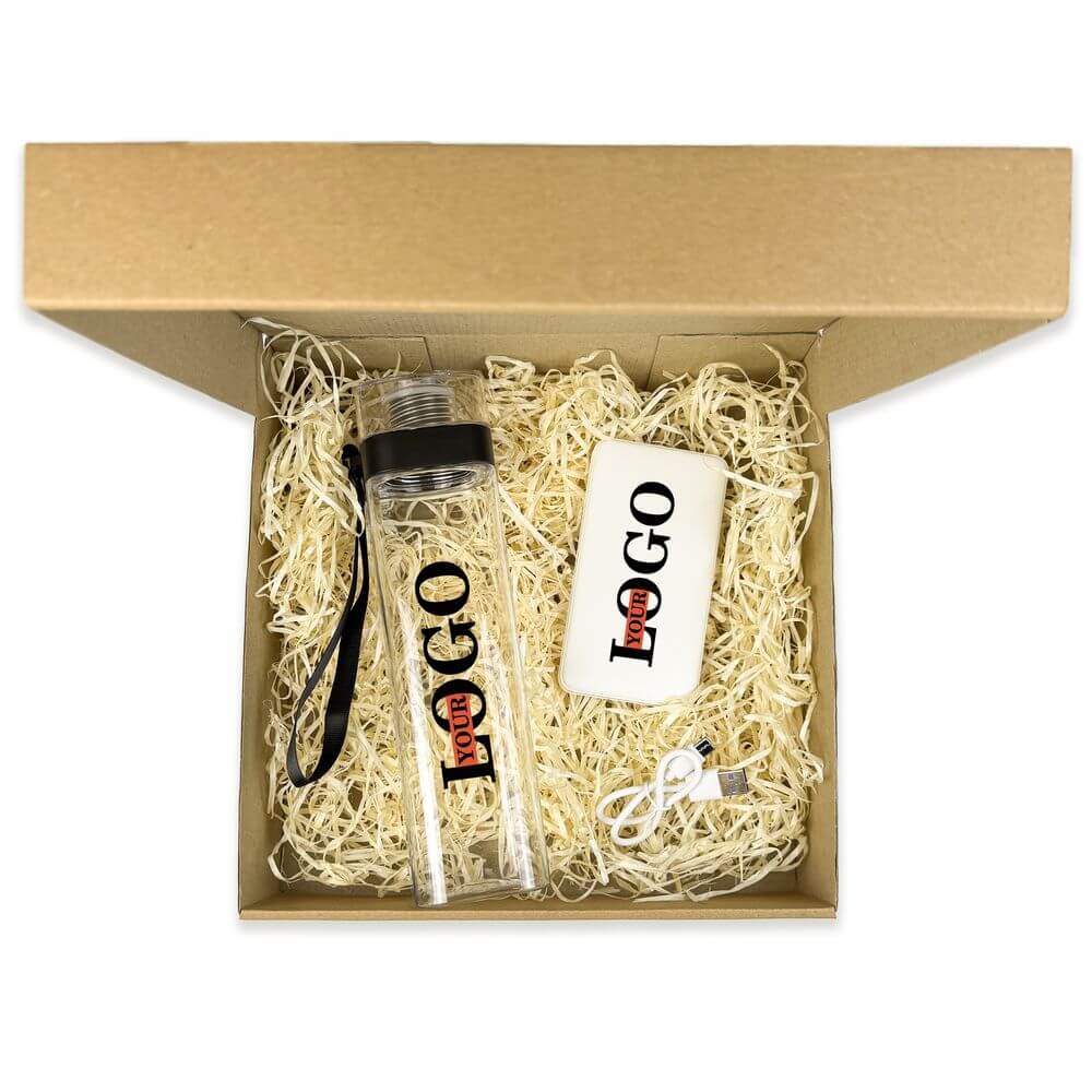 Корпоративний набір з логотипом – Пляшка + Повербанк 10000 мАг (білий)