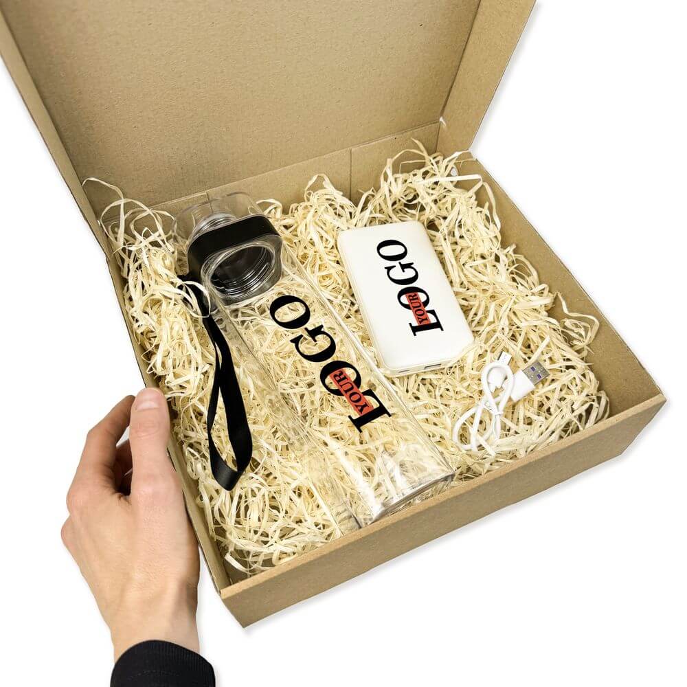 Корпоративний набір з логотипом – Пляшка + Повербанк 10000 мАг (білий)