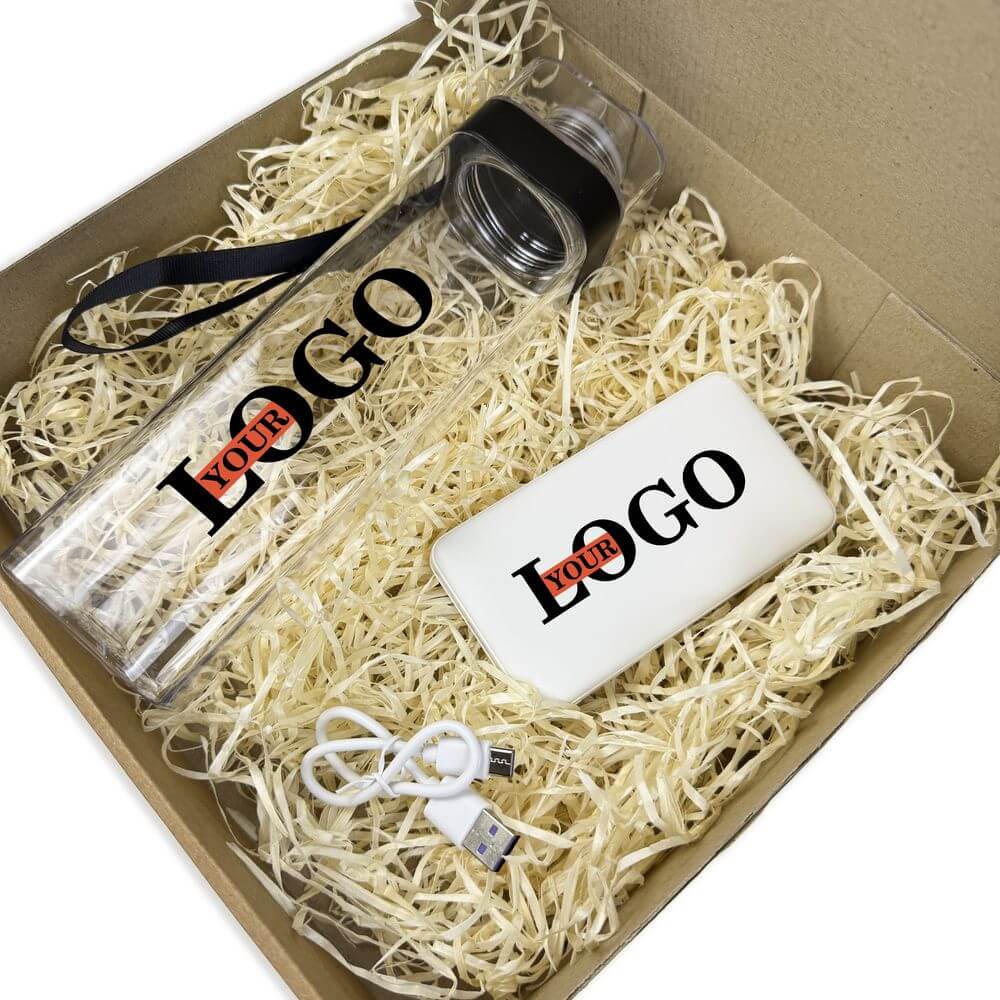 Корпоративний набір з логотипом – Пляшка + Повербанк 10000 мАг (білий)