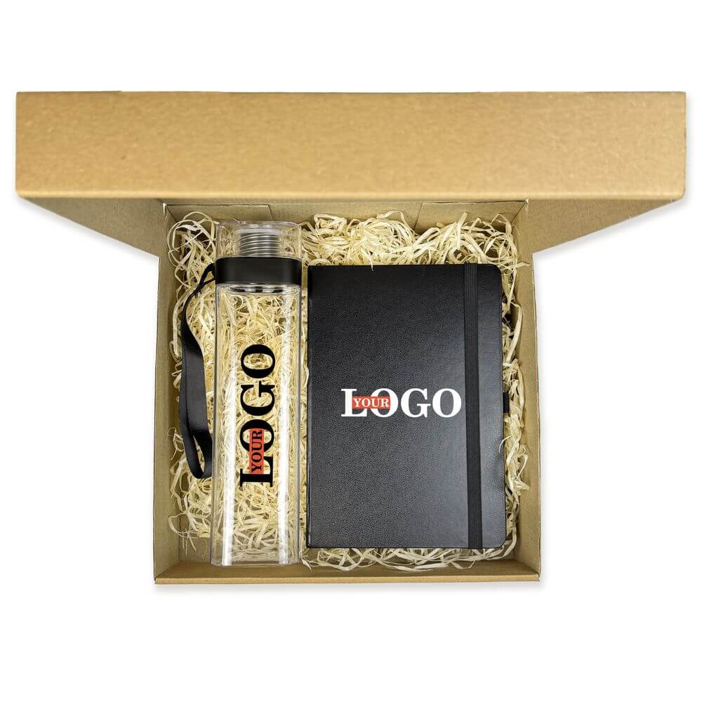 Подарунковий набір з логотипом – Пляшка + Блокнот