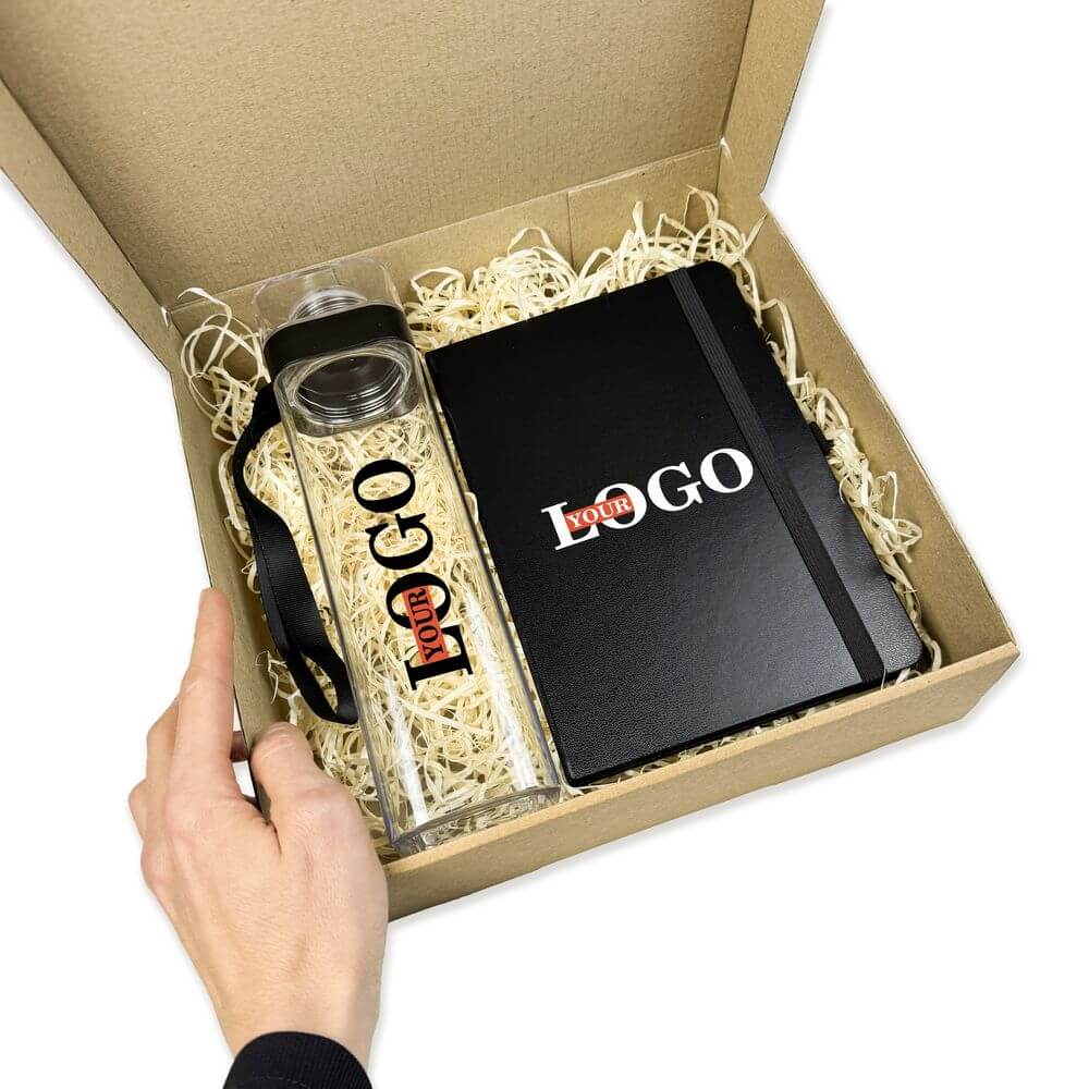 Подарунковий набір з логотипом – Пляшка + Блокнот