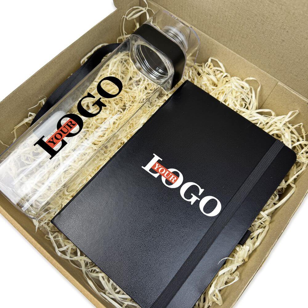 Подарунковий набір з логотипом – Пляшка + Блокнот