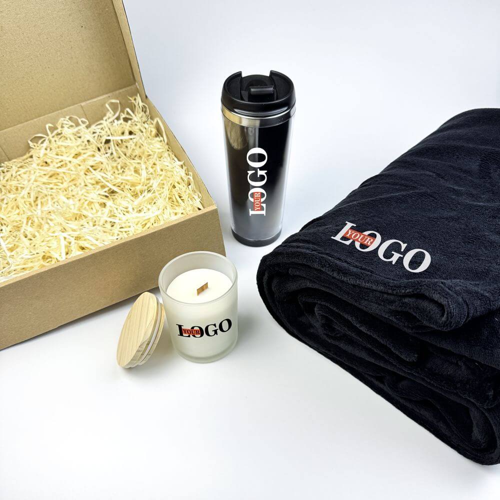 Подарунковий набір з логотипом – Плед + Термочашка + Свічка
