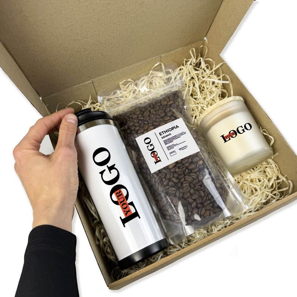 Подарочный набор с логотипом – Термокружка + Кофе + Свеча