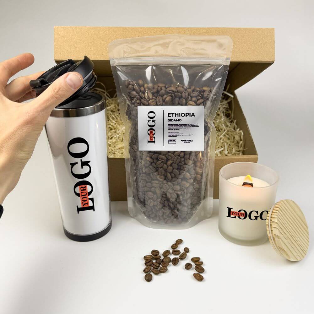 Подарочный набор с логотипом – Термокружка + Кофе + Свеча