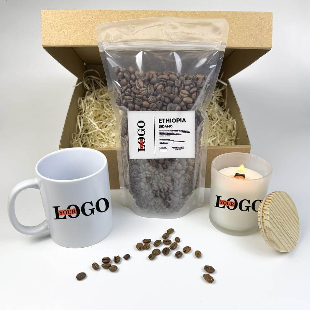 Подарунковий набір з логотипом – Чашка + Кава + Свічка