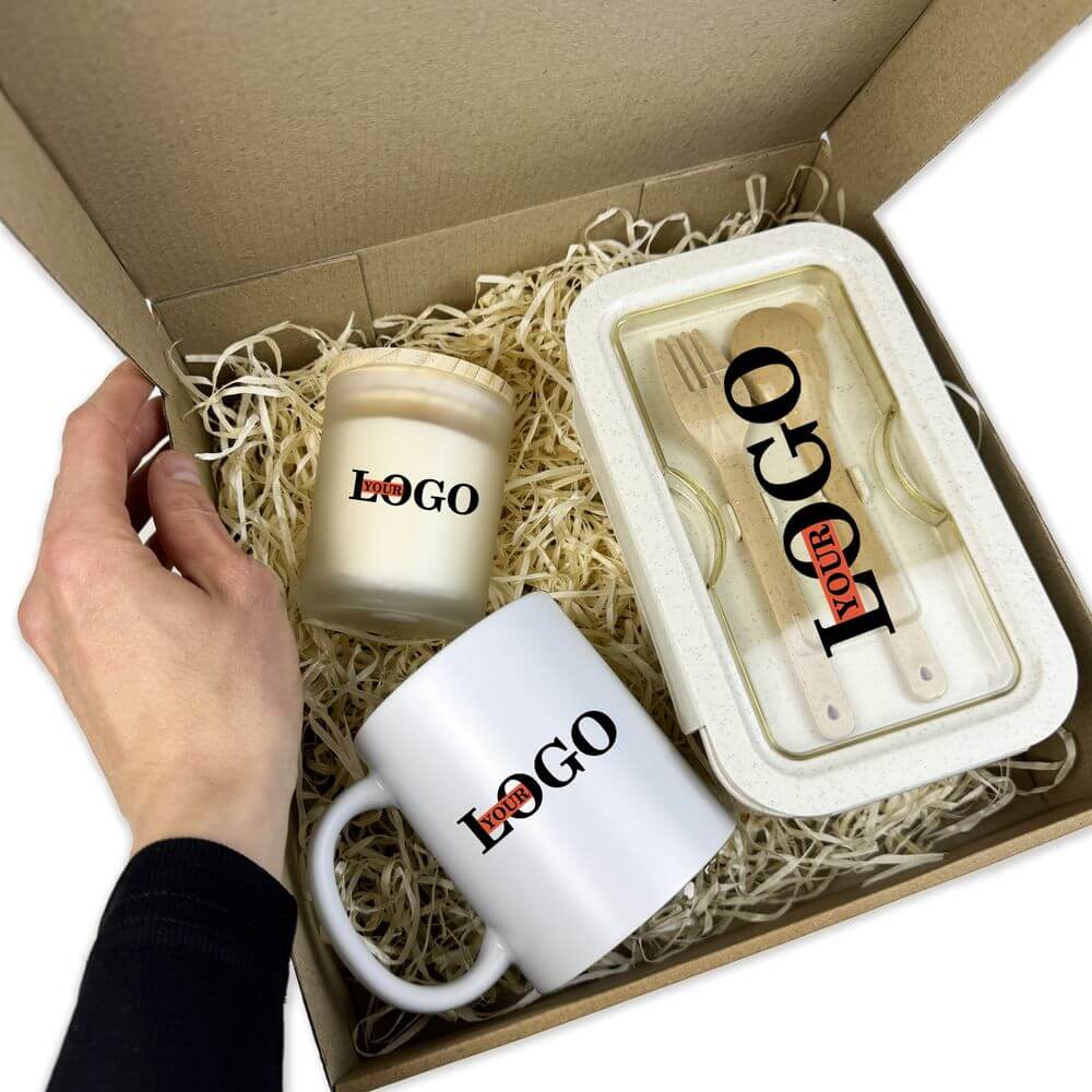 Подарунковий набір з логотипом – Чашка + Ланчбокс + Свічка