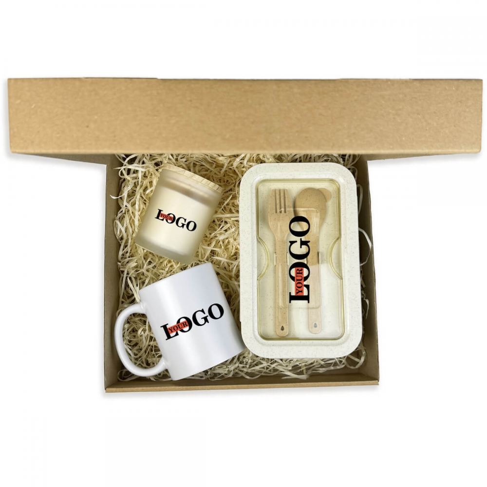 Подарунковий набір з логотипом – Чашка + Ланчбокс + Свічка