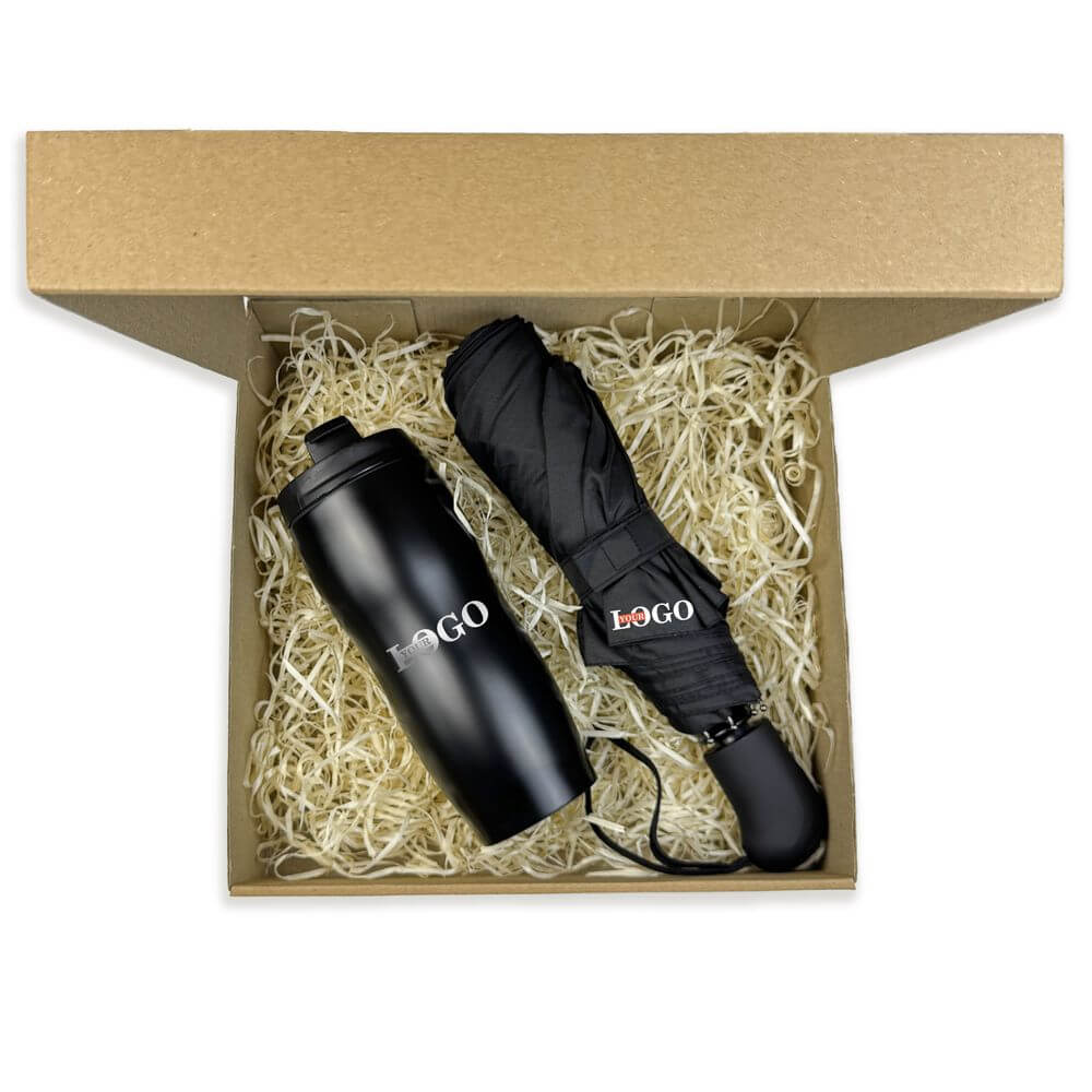 Подарунковий набір з логотипом – Парасоля + Термочашка металева