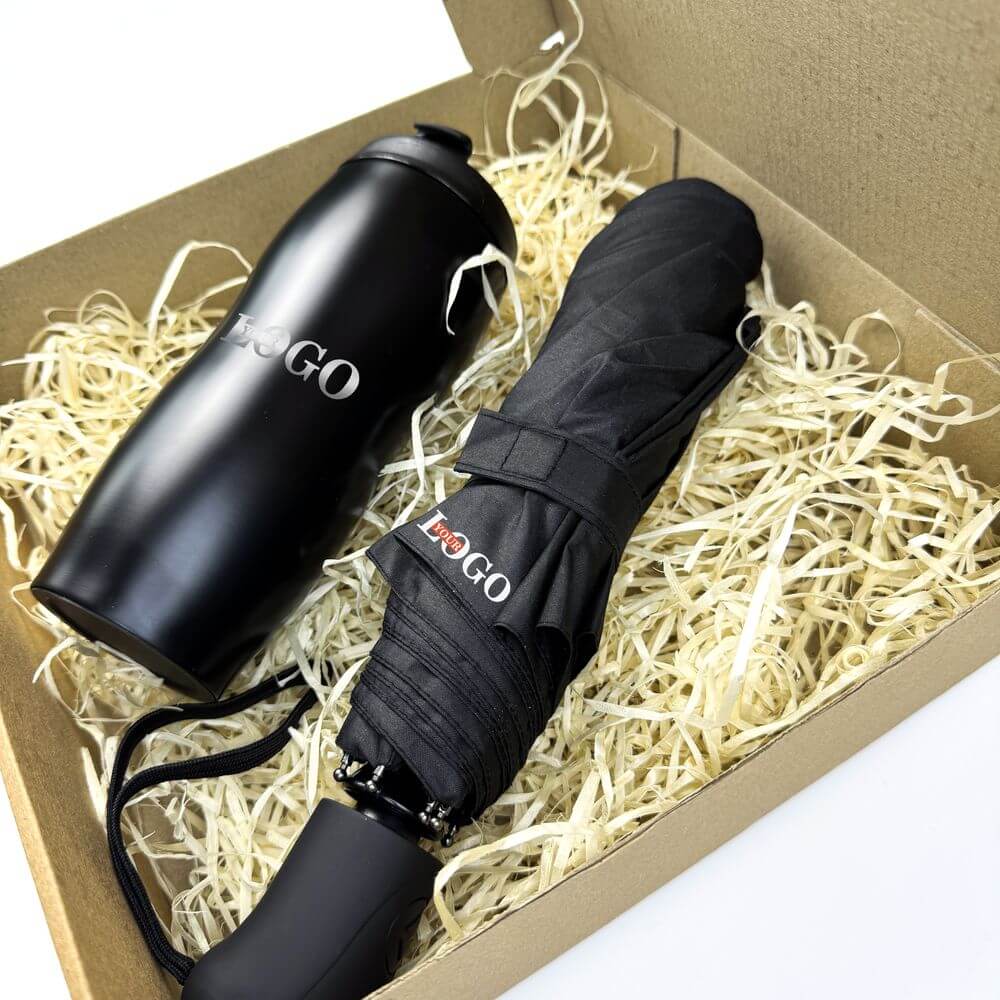 Подарунковий набір з логотипом – Парасоля + Термочашка металева