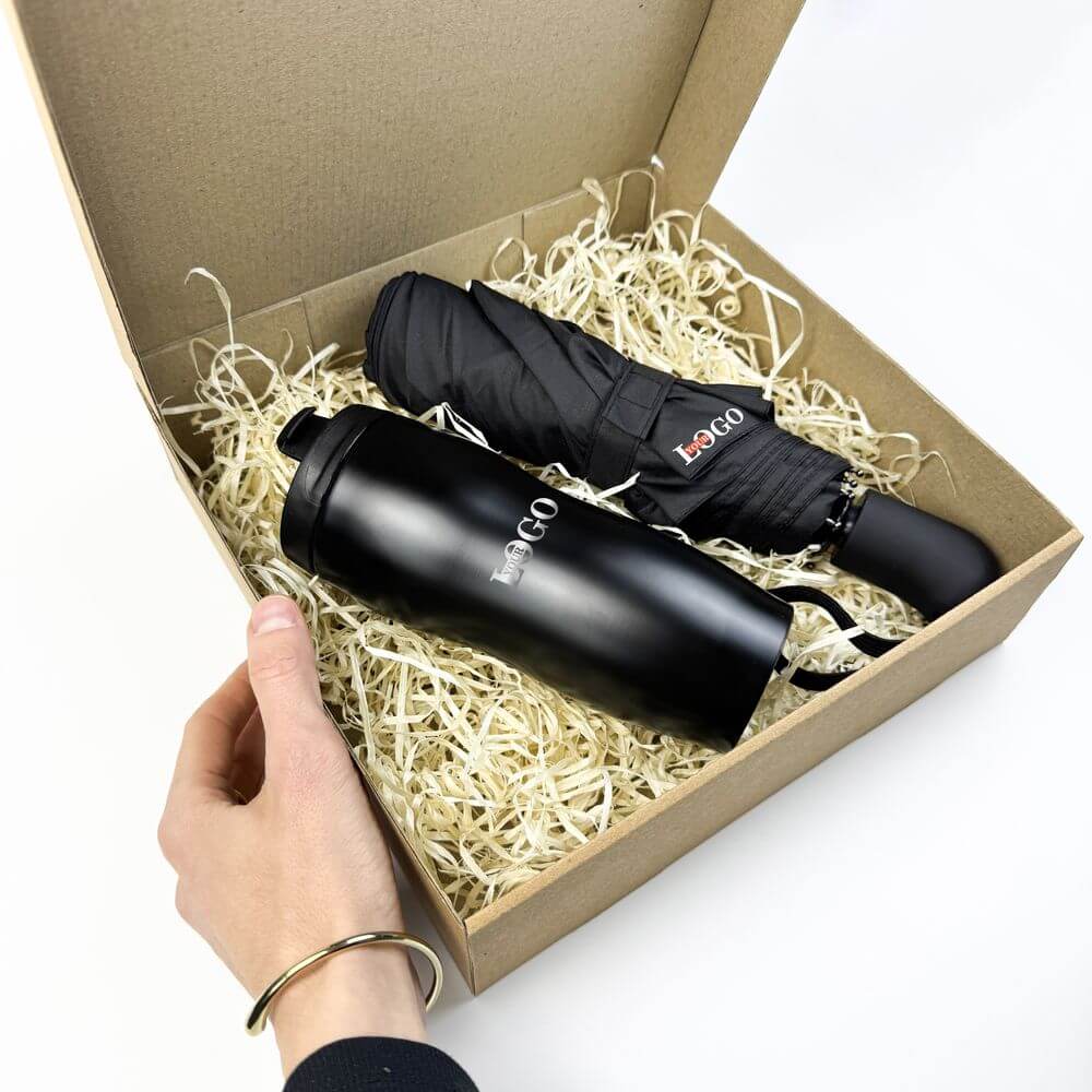 Подарунковий набір з логотипом – Парасоля + Термочашка металева