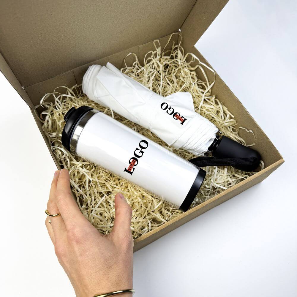 Подарунковий набір з логотипом – Термочашка + Парасоля