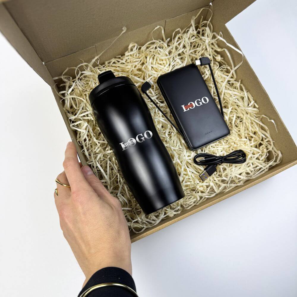 Подарунковий набір з логотипом – Термочашка металева + Повербанк 10000 мАг