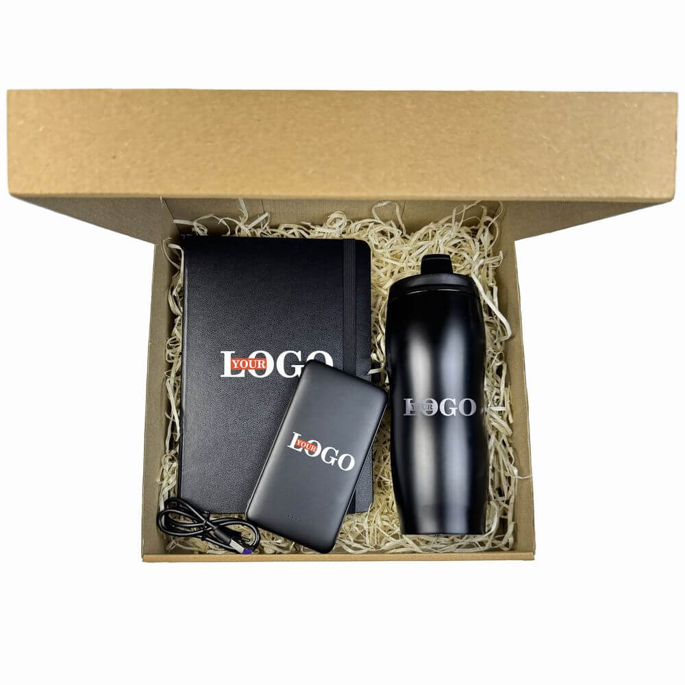 Подарунковий набір з логотипом – Блокнот Термочашка металева + Повербанк 10000 мАг