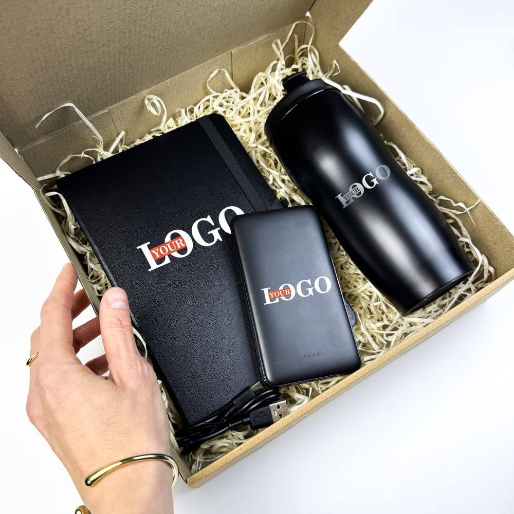 Подарунковий набір з логотипом – Блокнот Термочашка металева + Повербанк 10000 мАг