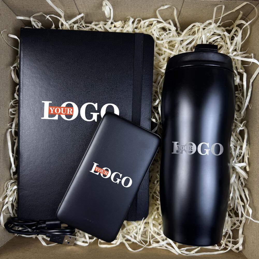 Подарунковий набір з логотипом – Блокнот Термочашка металева + Повербанк 10000 мАг