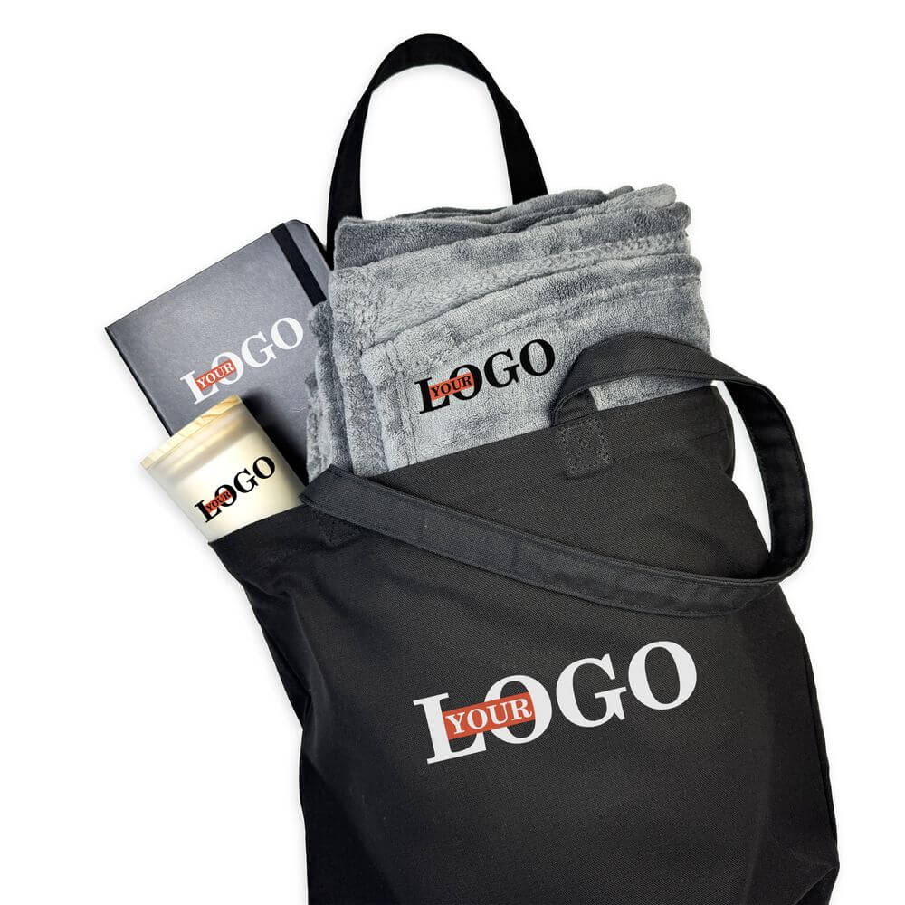 Подарунковий набір з логотипом – Плед + Блокнот + Свічка + Шопер