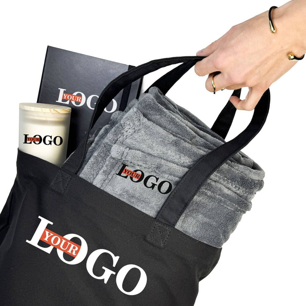 Подарунковий набір з логотипом – Плед + Блокнот + Свічка + Шопер