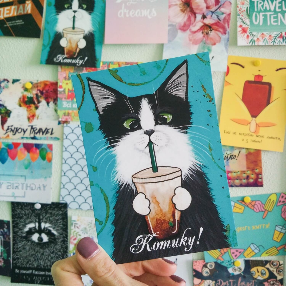 Открытка ZIZ Кот со стаканом